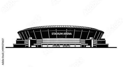 Black and white illustration of a large stadium arena with tiered seating