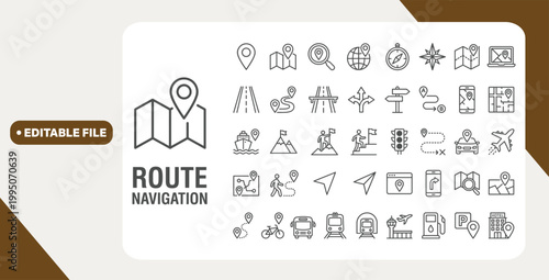 Route web icons in line style. Navigation, location, route map, traffic, pin,  collection. Editable stroke. Vector illustration.