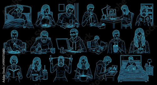 AutoCAD Relaxing Lifestyle Vector Set – Daily Routine Calm Poses Multiview Clear Face Blueprint Cyan Outline on Black Background