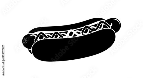 Black and white illustration of a classic hot dog with condiments