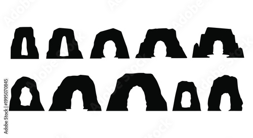 Silhouettes of natural rock arches arranged in two horizontal rows