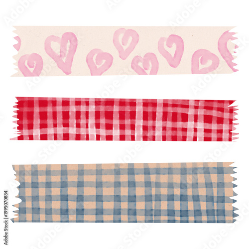 Canvastavla Hand-drawn watercolor washi tape strips set with pink hearts, red gingham, and blue plaid patterns