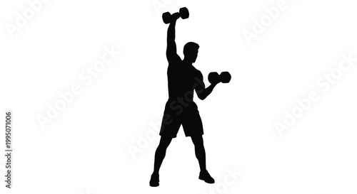 Silhouette of a man lifting dumbbells in an overhead exercise