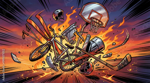 Explosive collage of various sports equipment in a comic book art style