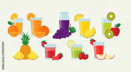 Colorful assortment of fresh fruit juices and whole fruits displayed together