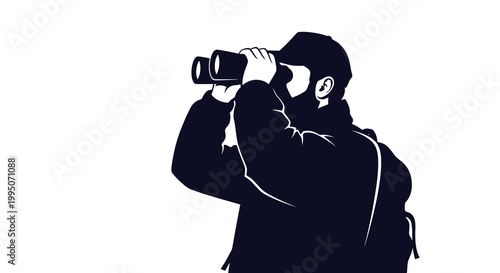 Silhouette of a bearded man looking through binoculars with focus