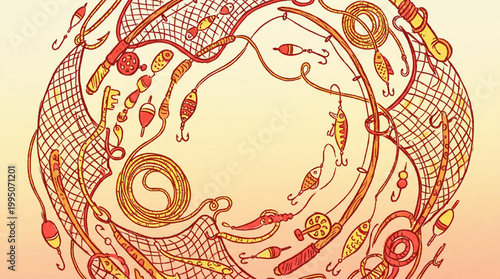 Hand-drawn illustration of fishing gear and equipment in a circular composition