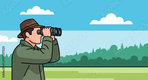 Tableau sur toile A man with a hat uses binoculars to view the distant landscape