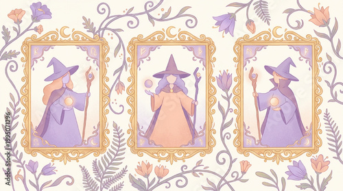 Fantasy illustration of three witches in ornate golden frames with floral ornaments