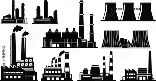 Collection of industrial factory silhouettes with smokestacks and cooling towers, symbolizing manufacturing and production.