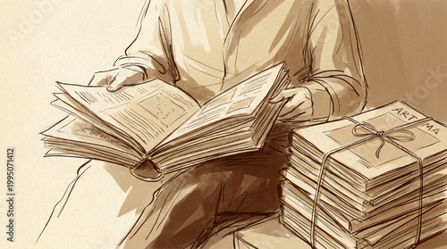Sketch of a person reading an open book with a stack of tied books nearby