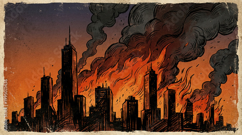 A gritty comic book style illustration of a cityscape engulfed in flames