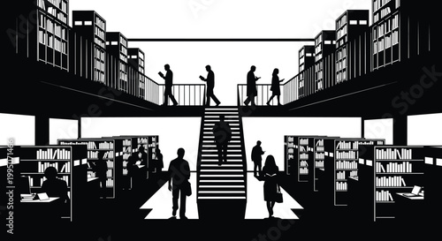 Silhouetted people walking through a modern library with tall bookshelves and elevated walkways, symbolizing education and knowledge.