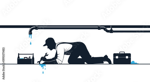 A plumber repairs a leaky pipe under a sink using a wrench