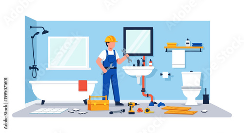 A plumber repairs bathroom fixtures including a sink and pipes