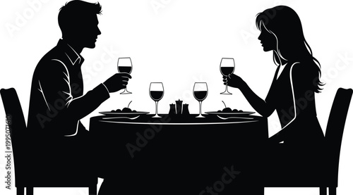 Silhouette of a couple enjoying a romantic dinner date with wine and food at a restaurant table, celebrating love.