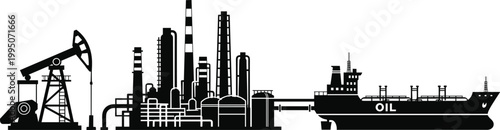 Industrial oil refinery complex with pump jack and oil tanker ship, representing energy production and fossil fuels.