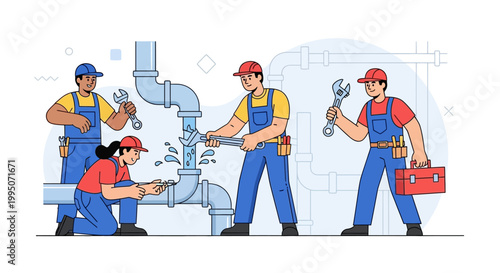 Diverse team of plumbers repairing a complex pipe system indoors