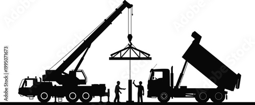 Construction site with a crane lifting a roof truss, dump truck, and workers, illustrating building and development.