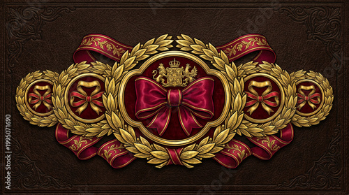 Luxury golden crest with laurel wreaths and red velvet ribbons on embossed leather background