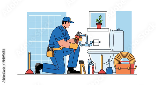 A plumber repairs pipes under a bathroom sink with various tools