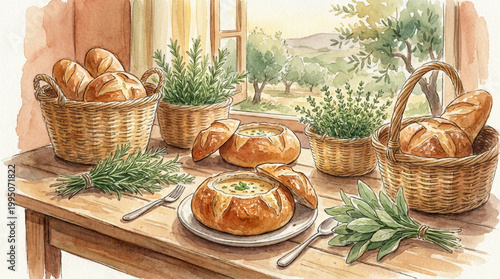 Watercolor illustration of rustic bread bowls and fresh herbs on a wooden table by a window