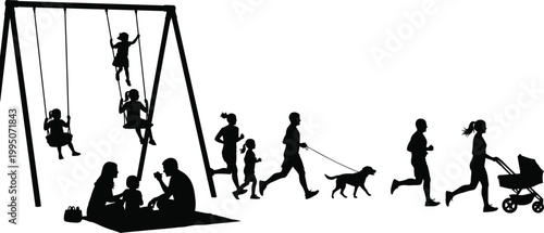 Diverse group of people enjoying outdoor activities: children on a swing set, a family picnicking, jogging with a dog, and a parent with a stroller.