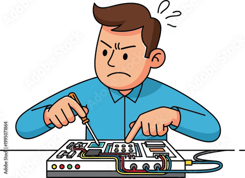 Engineer uses a small metal screwdriver to repair a complex circuit.