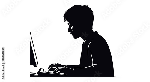 Silhouette of a person intently typing on a computer keyboard