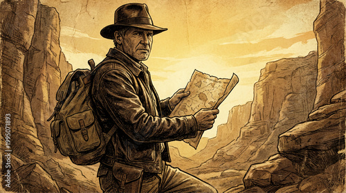Vintage Illustration of an Explorer with a Map in a Canyon