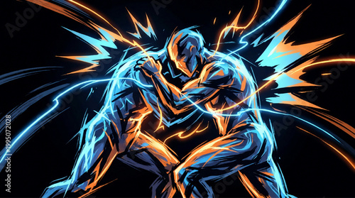 Abstract illustration of a dynamic energetic humanoid figure with glowing blue and orange light effects