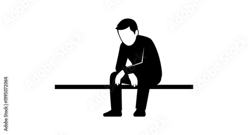A solitary figure sits slumped on a simple linear bench
