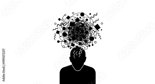 Fotografi A silhouette of a head overwhelmed by chaotic lines and shapes