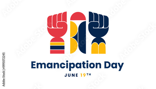 Emancipation Day logo with colorful raised fists and text  