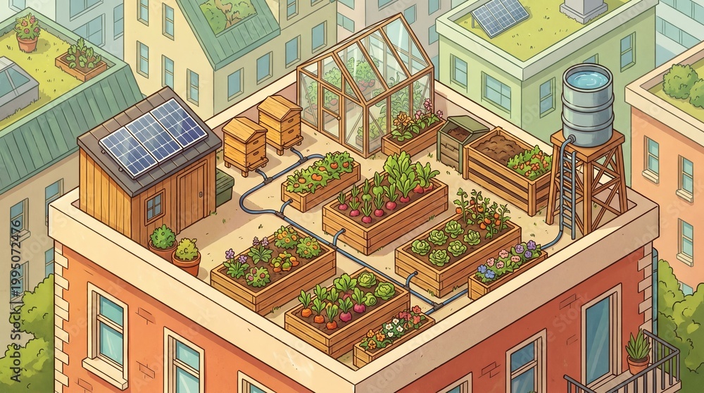 Fototapeta premium Innovative Rooftop Garden Design: Embrace Sustainable Urban Agriculture with Greenhouses and Solar Energy for a Thriving Eco-Friendly Community Space