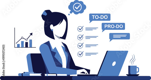 Businesswoman manages her daily tasks on a laptop at a neat workspace.