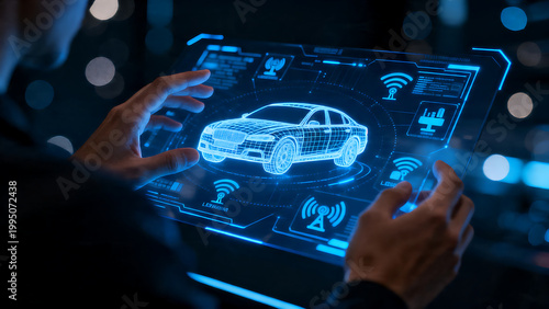 Futuristic autonomous car interface on digital tablet, smart vehicle diagnostic software with blue HUD display, automotive engineering technology isolated on White Background