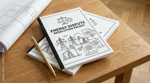 Energy dispute resolution document on a desk with blueprints