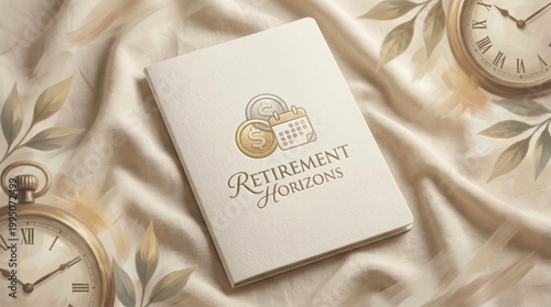 Retirement planning concept with financial coins and calendar on a book cover