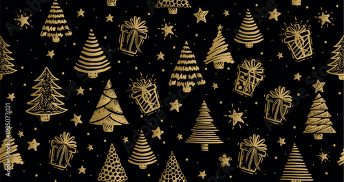 Christmas gold tree pattern on black hand drawn illustrations.	
