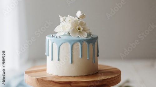 Minimalist round baby cake topped with white sugar flowers and pale blue drip frosting for baby shower banner and party background design
