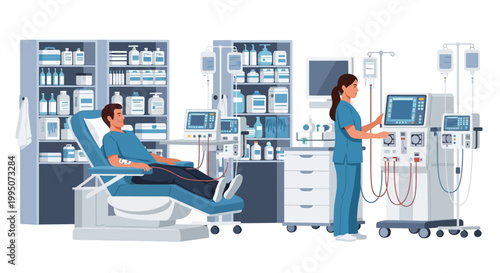 A medical professional operates a dialysis machine for a patient in a clinic setting, surrounded by medical supplies and equipment.