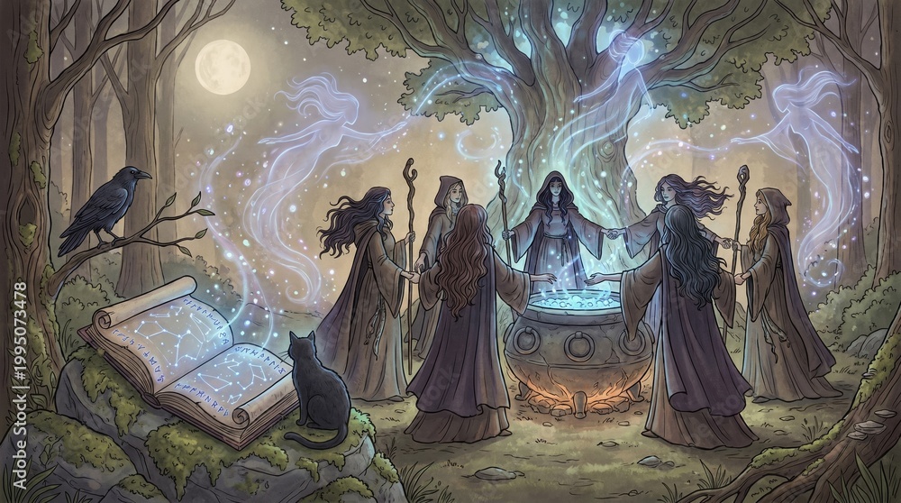 Fototapeta premium Enchanting Ritual of Witches Under the Moonlight: A Mystical Gathering in the Forest with Spells and Spirits