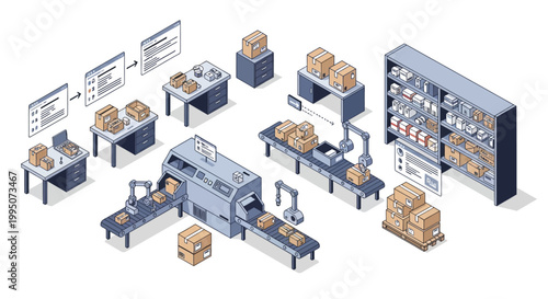 Isometric illustration of an automated warehouse and production line with robotic arms, conveyor belts, and shelving units.