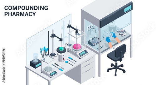 Illustration of a modern compounding pharmacy laboratory with advanced equipment for drug preparation and research.