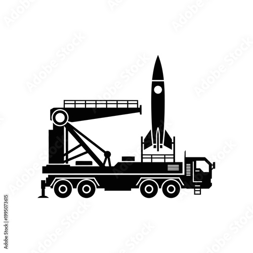 Mobile Launch Platform Multi-Wheeled Vehicle with Small Rocket Silhouette Vector for Aerospace Engineering Concepts
