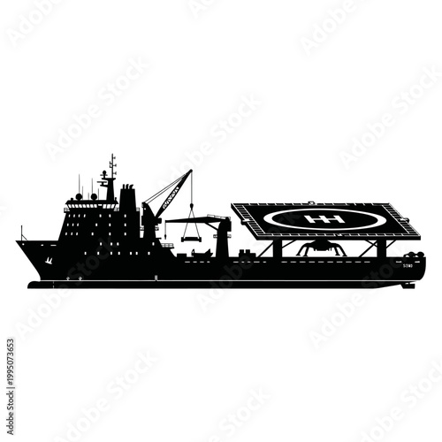Reusable Booster Recovery Ship with Drone Landing Pad Silhouette Vector for Commercial Spaceflight and Marine Logistics