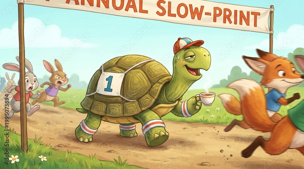 Obraz premium Join the Excitement of the Annual Slow-Print Race Featuring a Playful Turtle, Energetic Rabbits, and a Fox, Celebrating Friendship and Fun in a Whimsical Outdoor Setting