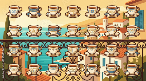 Set of ornate porcelain teacups with saucers on a scenic seaside balcony
