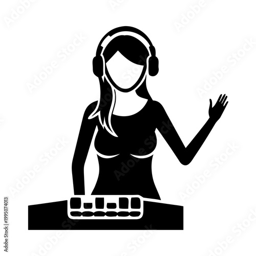 Black silhouette of female radio DJ with headphones and sound mixer. Professional female radio DJ operates audio equipment, signaling with raised hand, creating engaging broadcast.